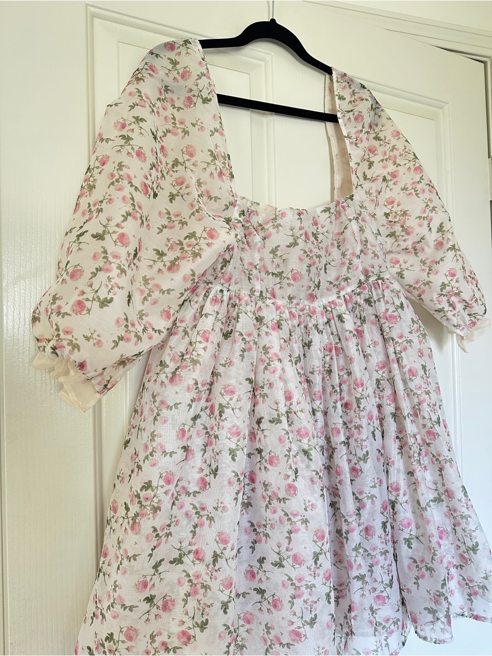 Floral Puff Sleeve Babydoll Dress in Pink & Green